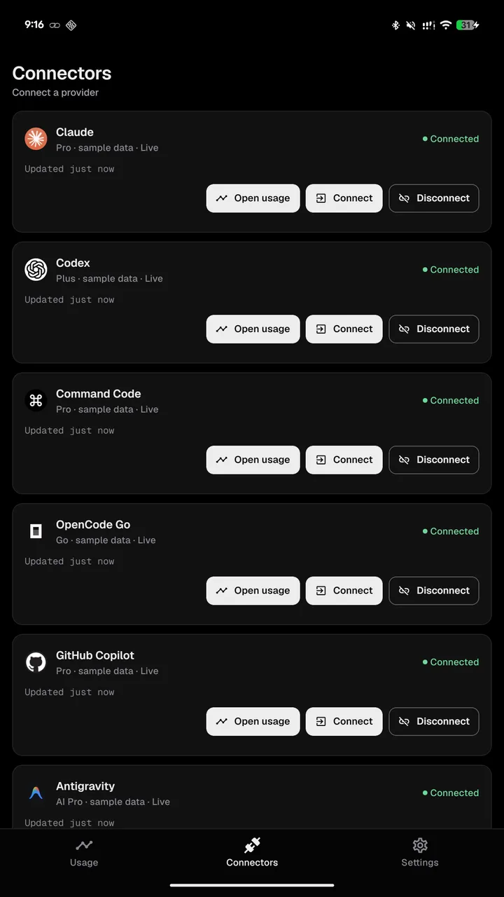 DevGauge Connectors screen listing connected coding-agent providers with Open usage, Connect and Disconnect actions